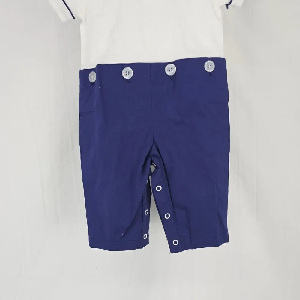 Lil Cactus Pique Button On Pants Romper Boys Size 3-6 Months Outfit Navy White